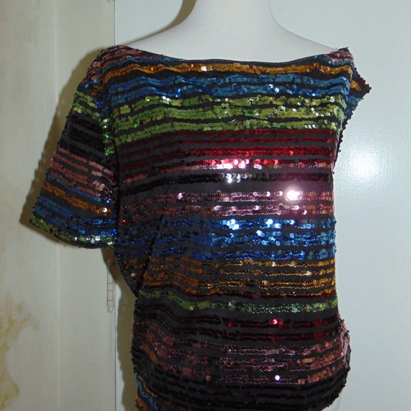 Rainbow Sequined Top Asymmetrical Neckline Off Shoulder Retro Hippy Women's Top - Picture 6 of 7
